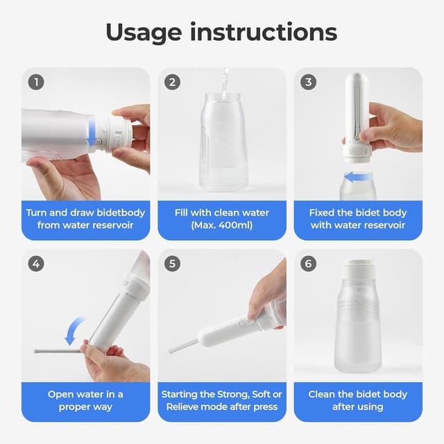 Detalle de Omlite Large Capacity Portable Travel Bidet (400ml) – electric handheld rinse bottle with 3 pressure levels, IPX7