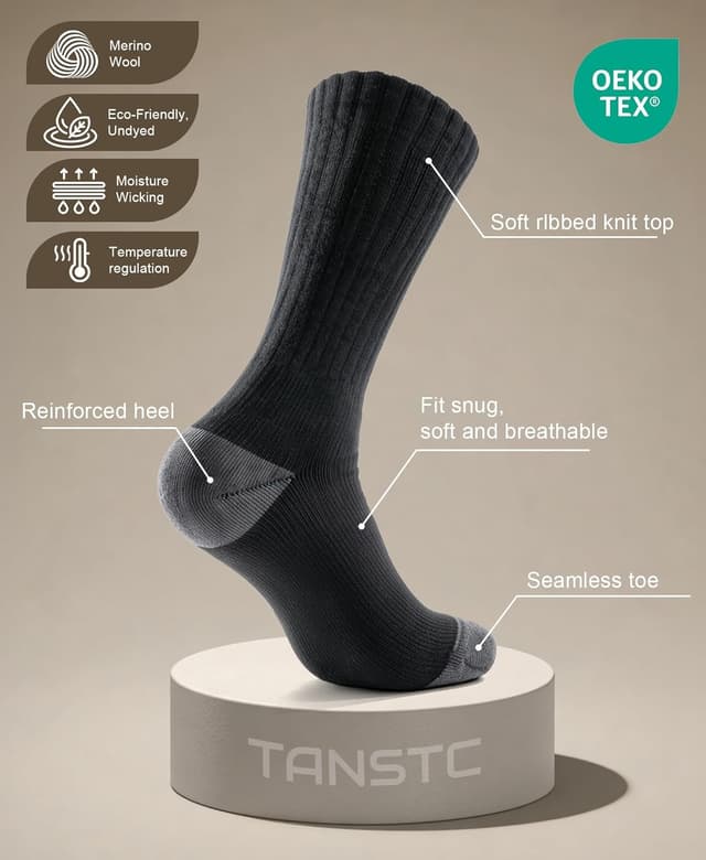 Detalle de TANSTC Merino Wool Hiking Socks (Thick Cushioned) – Anti-blister Breathable Crew Socks, 3 Pairs