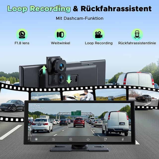 Detalle de LAMTTO display wireless CarPlay/Android Auto da 10,25" con dashcam anteriore e posteriore (2,5K + 1080P) e assistente vocale