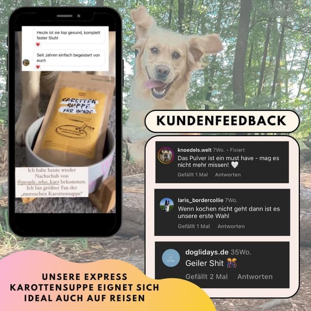 Detalle 2 de people who kaer Morosche-Karottensuppe für Hunde (2×200 g) als Pulver – bis zu 5 l