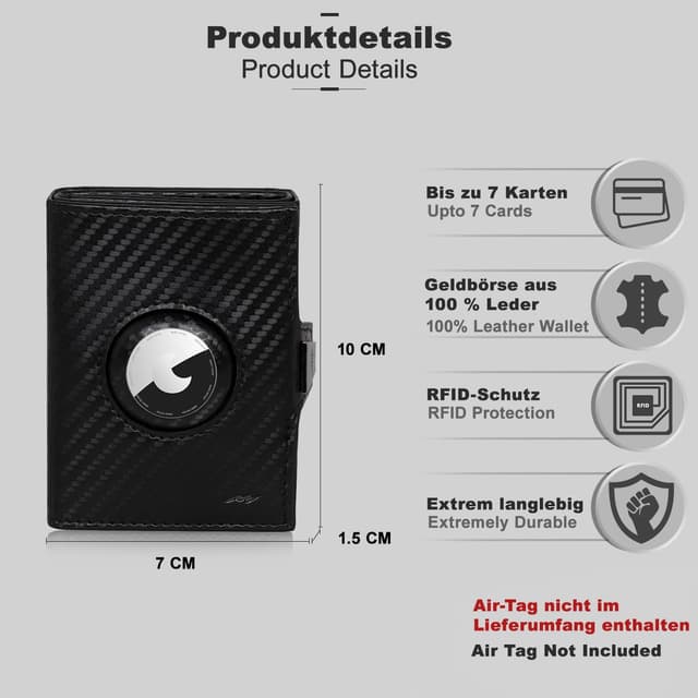 Detalle de Marc Peter Jupiter Airtag Echtleder Geldbörse mit XL-Münzfach – kleines Portemonnaie für Herren (bis 11 Karten, RFID) | AirTag-kompatibel