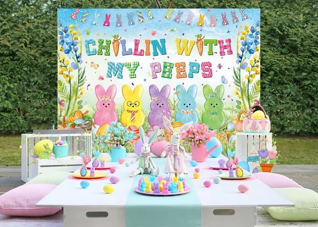 Detalle de Easter Bunny Backdrop Spring Bunny “Chillin with My Peeps” Vinyl Photoshoot Background (7x5FT)