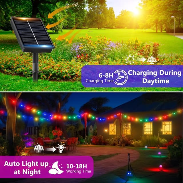 Detalle de FIFlying Solar-Lichterkette für außen, 2×16 m mit 160 warmweißen LEDs und 8 Modi (IP65)