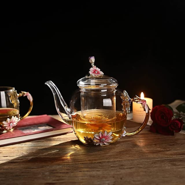 Detalle 2 de Luka Tech 35OZ Enamel Glass Flower Teapot With Removable Loose Tea Leaf Infuser