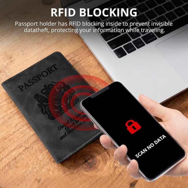 Detalle de Cinocratic RFID Blocking PU Leather Passport Holder – Black travel wallet for passports, cards & tickets