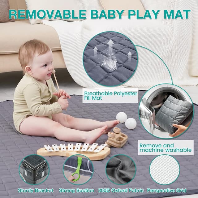 Detalle de Foldable Baby Playpen with Mat (127x127cm) – portable playpen with ocean balls and 4 handlers for indoor & outdoor use