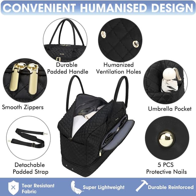 Detalle de LUOCIP Large Women Travel Duffle Bag with Wet Toiletry Pocket and Shoe Compartment (Black)