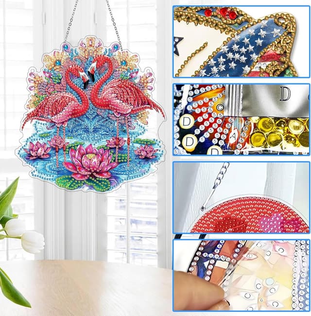 Detalle de Reofrey Hanging Diamond Art Kit for Adults (8x8 Inch) – Birds Acrylic Board Suncatcher Pendant