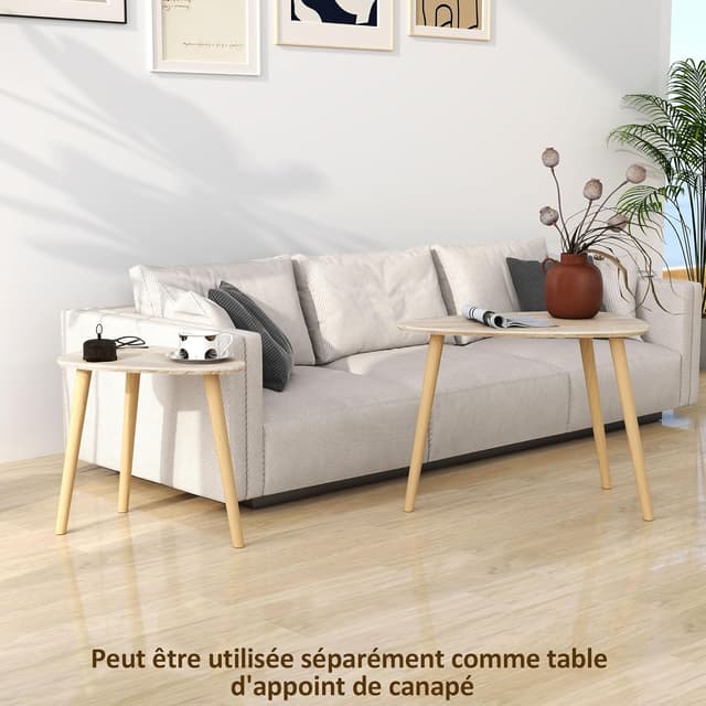 Detalle de HOMCOM lot de 2 tables basses gigognes design scandinave pieds en bois et plateaux en bois