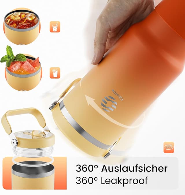 Detalle de Edelstahl-Trinkflasche von Fjbottle mit Strohhalm, 1.200 ml – bis zu 12 Std. kalt, auslaufsicher