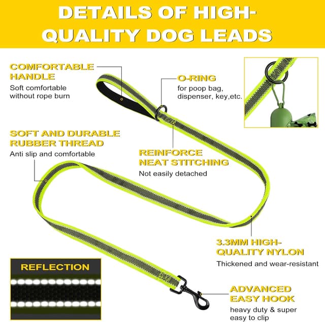 Detalle de X XBEN reflective dog lead with soft padded handle (20mm–1.5m), green