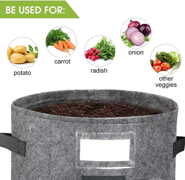 Detalle 2 de Airminti 3er-Set 10 Gallonen Kartoffel-Pflanzsäcke aus Vlies mit Griffen und Sichtfenster