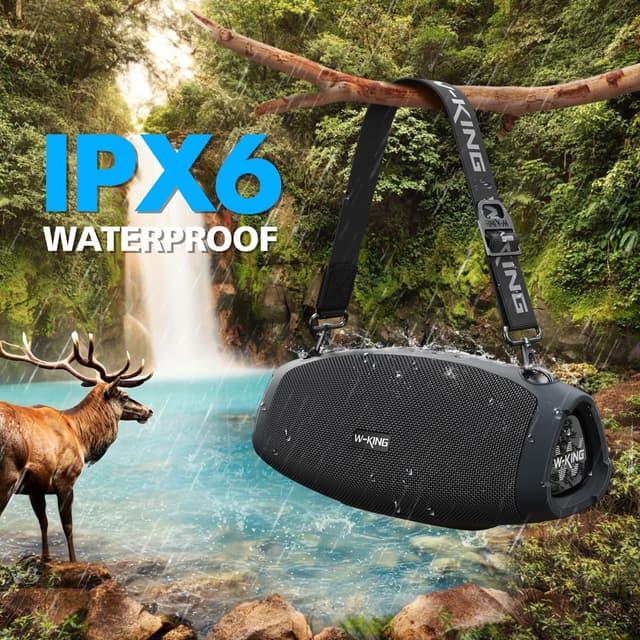 Detalle 2 de W-KING Bluetooth-Lautsprecher (70 W RMS/120 W Peak) mit kabellosem Mikrofon, IPX6 – Outdoor-Box für Musik & Ansagen
