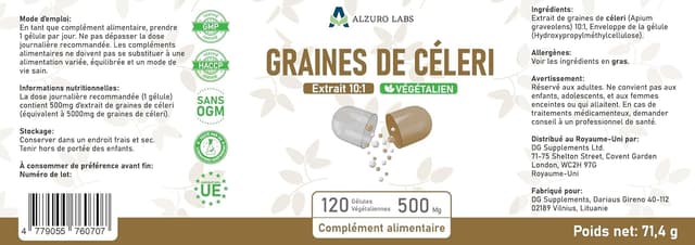 Detalle de Alzuro Labs Extrait de graines de céleri 500 mg (10:1) – 120 gélules végétaliennes