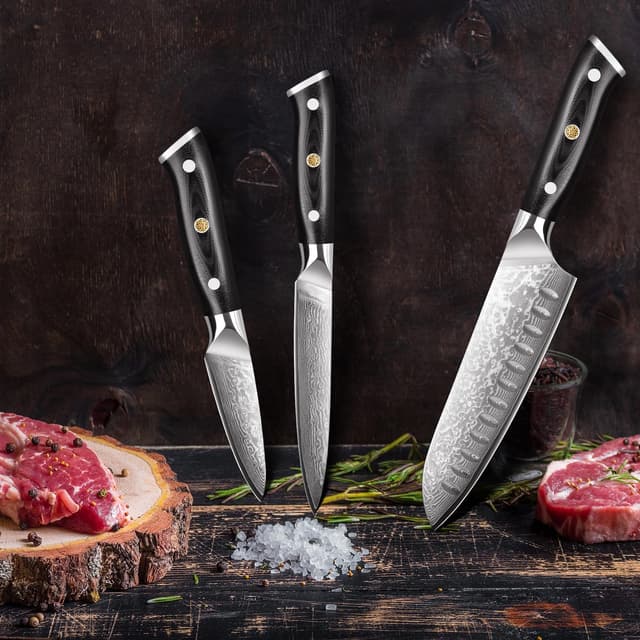 Detalle 2 de Home Safety 3er Damastmesser-Set (Santoku, Allzweck- und Obstmesser) mit G10-Griffen