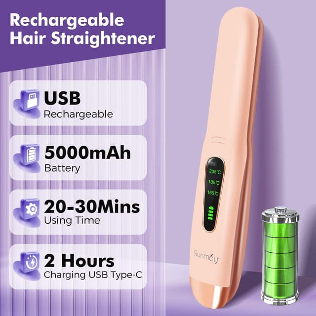 Detalle 2 de SUNMAY Cordless Hair Straightener (Titanium Portable Flat Iron) with USB-C Fast Charge, Dual Voltage, Travel Case