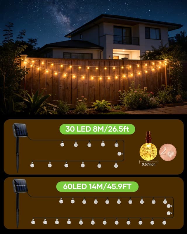 Detalle 2 de Suright Solar-Lichterkette außen 8 m mit 30 warmweißen Mini-LEDs, 8 Modi & IP65