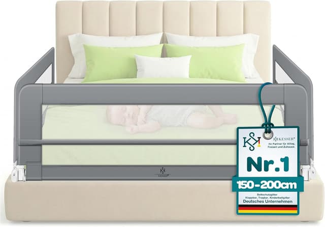 Detalle de KESSER Bettgitter 200 cm – klappbar, tragbar, 42 cm hoch (Kinder- & Baby-Bettschutzgitter) in Hellgrau