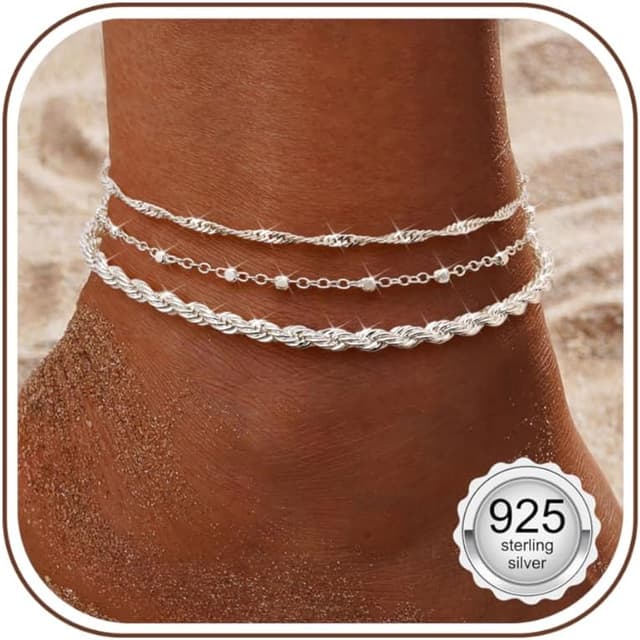 Detalle de CASSIECA Silber/Gold Fußkettchen Set (925 Sterling Silber) – verstellbar, stapelbar, wasserfest