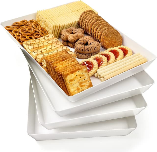 Detalle de 4-Pack BPA-Free Plastic Serving Trays (16" x 11") Large White Stackable Platters