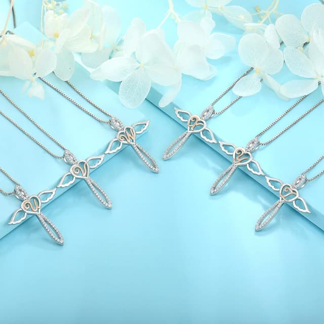 Detalle 2 de FJ Letter Initial Necklace in 925 Sterling Silver with Guardian Angel Pendant