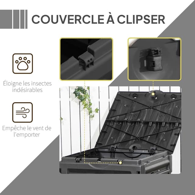 Detalle de Outsunny Composteur de jardin 450 L en polypropylène noir – 80 aérations et 2 portes coulissantes