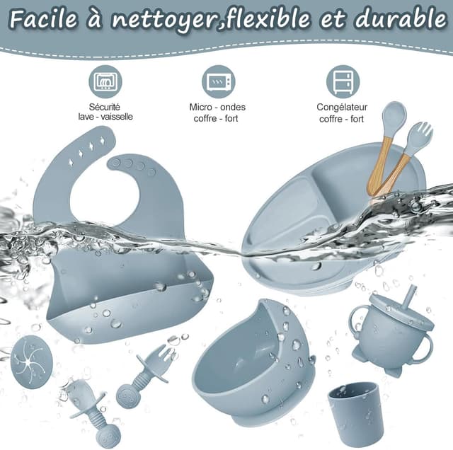 Detalle de Baby Geschirrset 12-teilig (Kindergeschirr, Babylöffel, Trinklernbecher) aus BPA-freiem Silikon mit Saugnapf