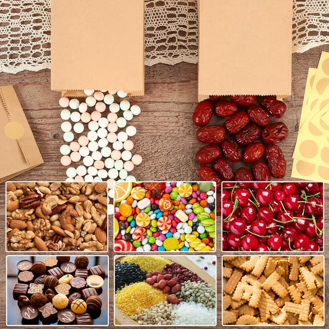 Detalle 2 de 200 kleine Papiertüten aus Kraftpapier (18 x 9 x 5,5 cm) inkl. runder Aufkleber für Hochzeit, Ramadan, Geburtstag & mehr