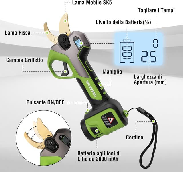 Detalle 2 de WORKPRO Forbici Potatura a Batteria 12V