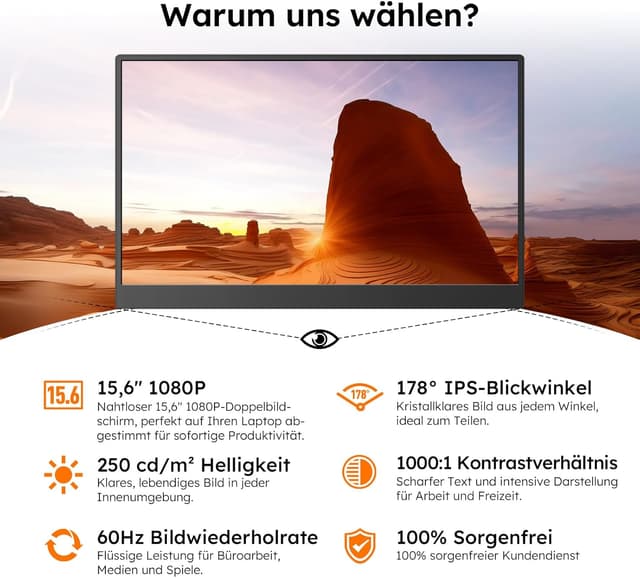 Detalle de Omiodo Tragbarer Monitor 15,6" FHD 1080p IPS – ultradünn mit Ständer, Lautsprechern, VESA und USB-C/HDMI