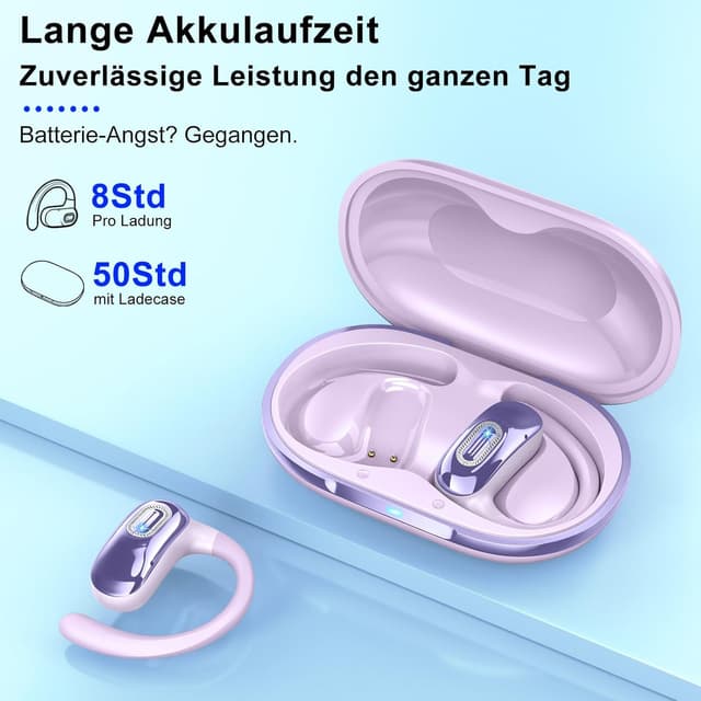 Detalle 2 de Open Ear Kopfhörer Bluetooth 5.4 mit Ohrhaken, 4 ENC-Mikrofonen und IPX7 (lila)