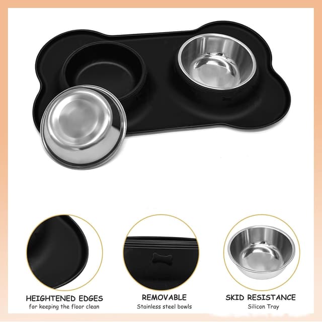 Detalle de Stainless steel double pet bowls with non-spill non-slip silicone mats (2 x 400ml) – for puppies, cats and small dogs