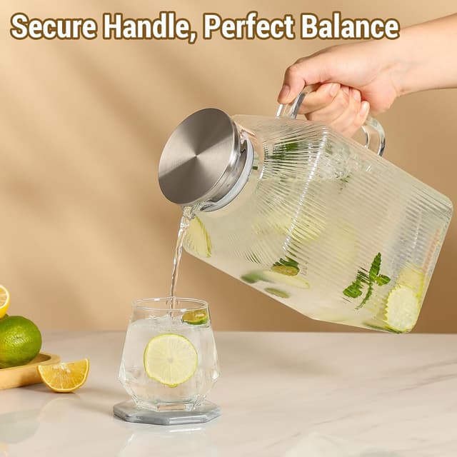 Detalle de 1 Gallon Thickened Square Glass Pitcher with Lid (Borosilicate) — Classic Vertical Stripe Carafe