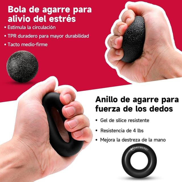 Thumbnail 3 de FitBeast Hand Grip para Antebrazo Ejercitar – Paquete de 5 Piezas, Fortalecedor de Agarre de Manos Ajustables, Ejercitador de Manos, Para Estirar Los Dedos, Anillo para Entrenar y Pelota Anti Estrés