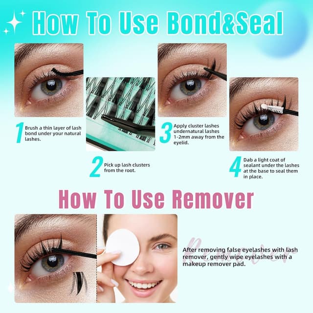 Detalle 2 de Manga Lash Clusters Kit (144PCS) with Invisible Lash Band, Bond & Seal, Remover, and Applicators (8–16mm)