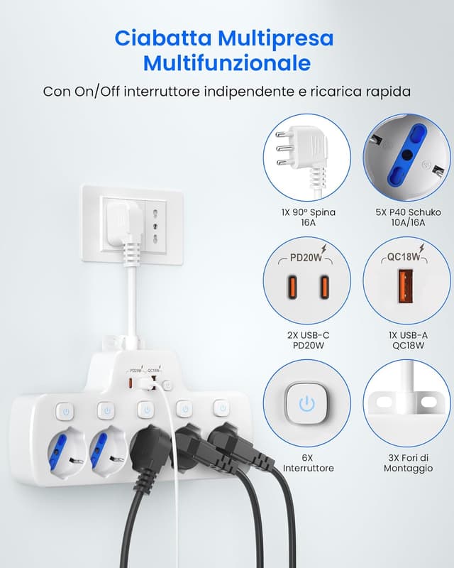 Thumbnail 1 de Ciabatta multipresa 5 posti con interruttori e cavo 0,1 m 🔌