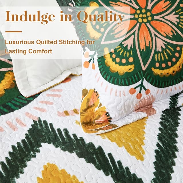 Detalle de Tyrot 3-Piece Boho Floral Quilt Set (Full/Queen) with Reversible Coverlet & 2 Shams, 90 x 96 in