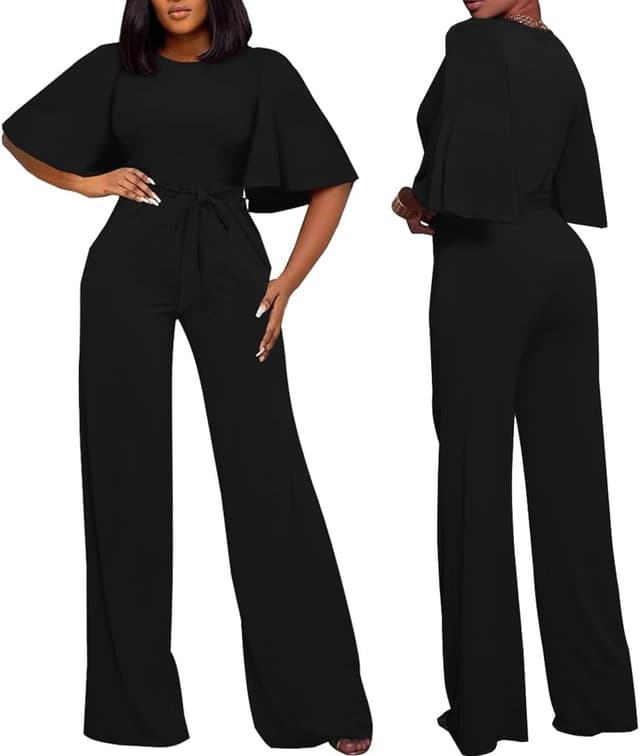 Detalle de BessCops Women’s Loose Short Sleeve Belted Wide-Leg Pant Romper Jumpsuit