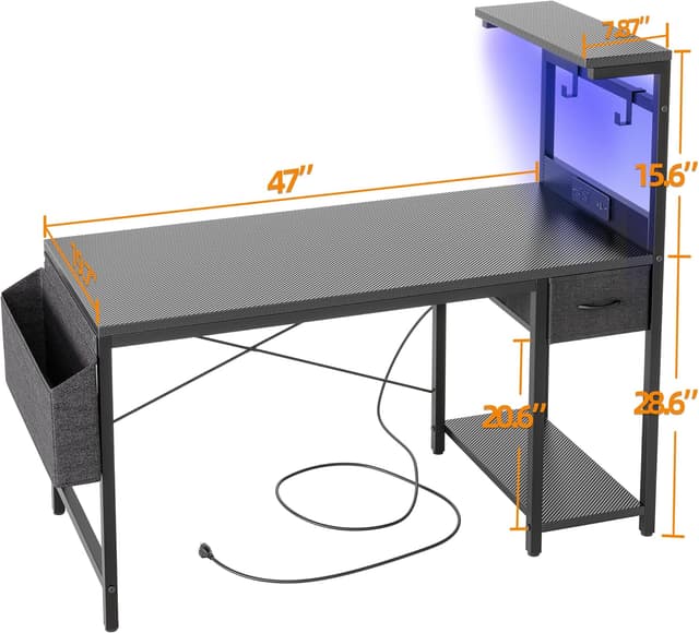 Detalle de BEXEVUE LED Computer Desk with Power Outlets (120x50cm) – reversible gaming workstation with drawer, side shelf and hooks