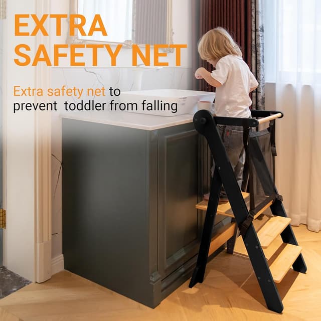 Detalle 2 de COSYLAND Foldable Toddler Standing Tower with Adjustable Height and Safety Net, Ages 18 Months–6 Years