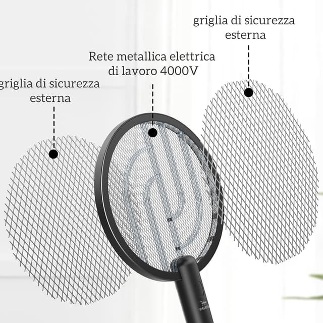 Detalle de PALONE Racchetta Zanzare Elettrica 4000V ricaricabile USB con luce LED UV 365 nm, doppia funzione, tripla maglia di sicurezza