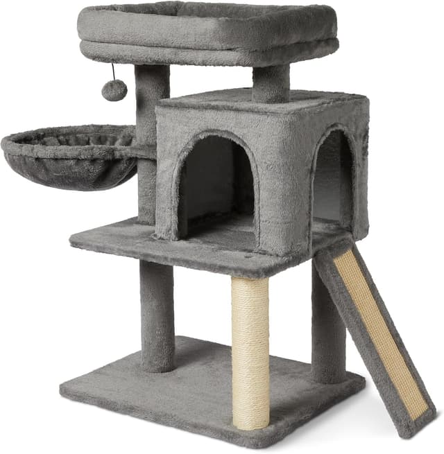 Detalle de Amazon Basics mehrstöckiger Kletterturm für Katzen und Kätzchen (76,2 cm) mit Kratzstämmen, Katzenhaus und Hängematte – grau