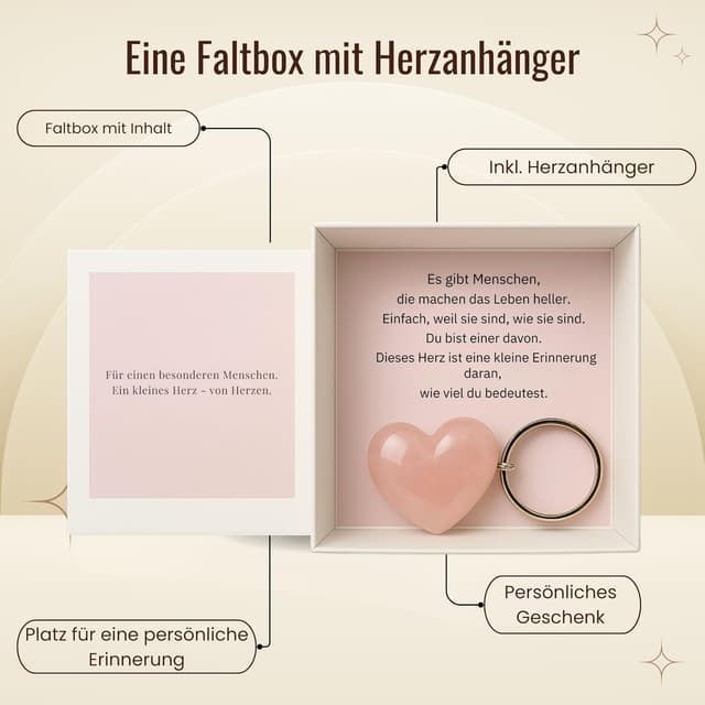 Detalle de Milaboo handgefertigte Geschenkbox mit Herzstein-Anhänger aus Rosenquarz – persönliche Stülpbox mit Botschaft