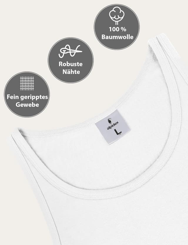 Detalle 2 de ALPIDEX Herren Classic Unterhemd 5er-Set (100% Baumwolle, Feinripp, ärmellos) – weiß/schwarz