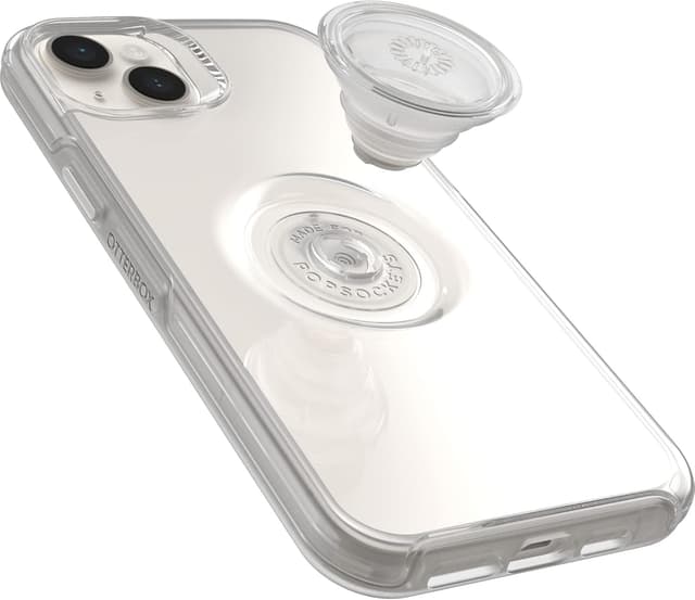 Detalle de OtterBox Otter+Pop Symmetry Clear per iPhone 14 Plus con PopGrip trasparente, testata MIL-STD 810G