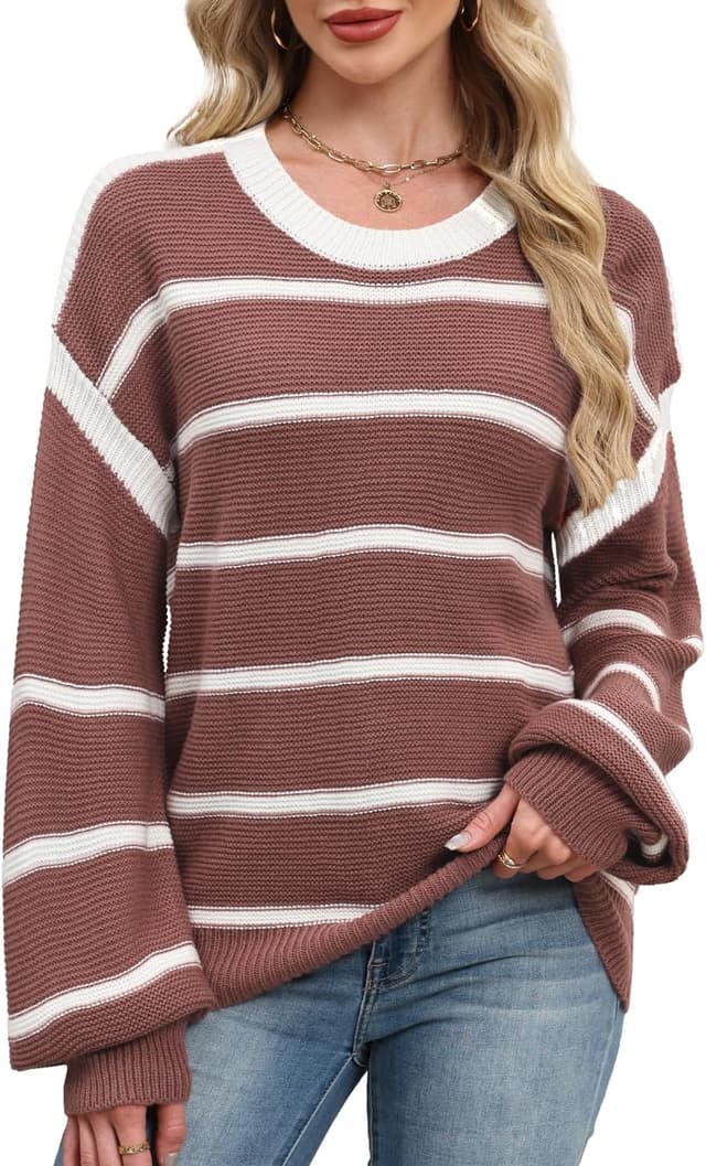 Detalle de Gestreift Pullover Damen Winter – Rundhals-Langarm Strickpullover mit Wellenmuster und lockerer Passform