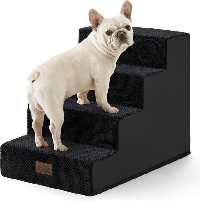 Detalle de COZY KISS wide dog stairs for small dogs – non-slip pet steps for beds, sofas and car (Black, 40x60x45cm, 4 steps)