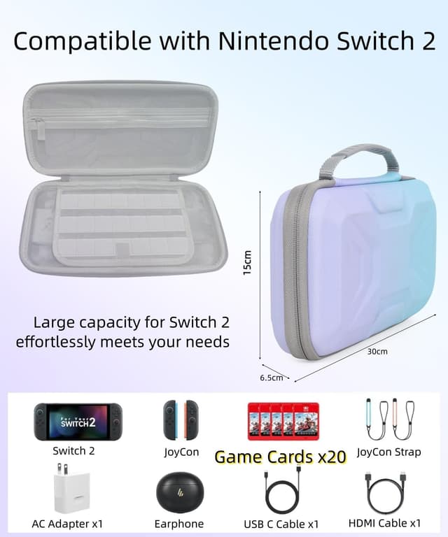 Detalle 2 de Carry Case for Nintendo Switch 2 (2025) – Shockproof Hard Case Travel Bag with Storage for Console, Accessories & 20 Game Cards (Blue-Green Gradient)