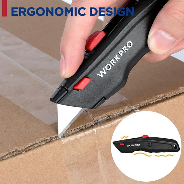 Detalle 2 de WORKPRO set di coltelli di sicurezza retrattile 3 pezzi con 10 lame di ricambio a cambio rapido (nero/rosso/blu)