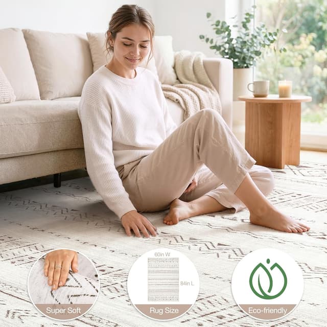 Detalle de cotiled 5x7 Boho Washable Area Rug with Non-Slip Backing (Brown/Cream)